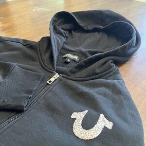True Religion Men's Black Full Zip Graphic Print Hooded Hoodie Size L